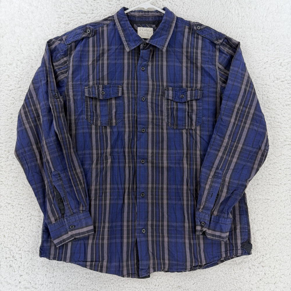 PD&C Shirt Mens Large Blue Gray Striped Long Sleeve Button Up PW9Y0104